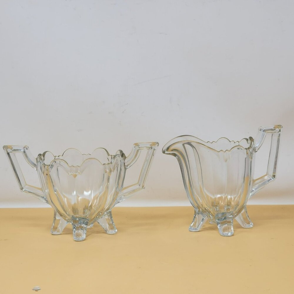 Vintage Clear Glass Creamer Sugar Bowl Set Scalloped Edges And Pedestal Feet